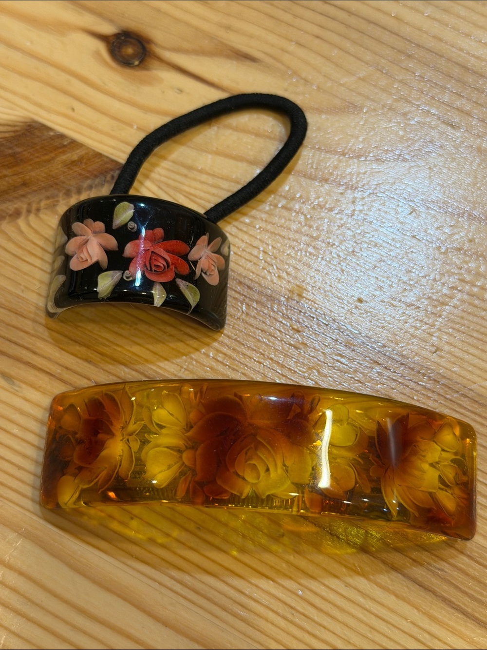 Hand-Painted Floral Hair Accessories Set - Black & Amber